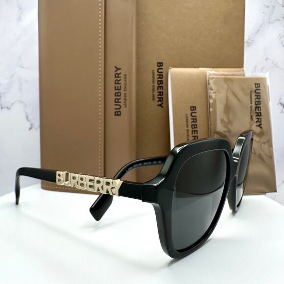 New Burberry Sunglasses Black Square Gold Metal Cut Out BURBERRY Logo Womens - Picture 10 of 16